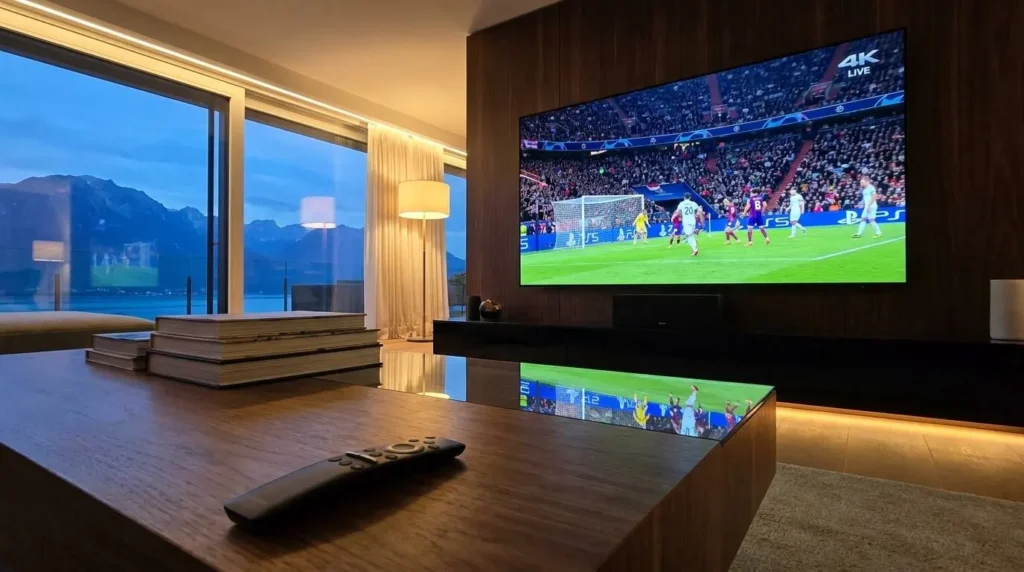 Navigation fluide sur le meilleur abonnement IPTV Suisse avec une télécommande tech premium.