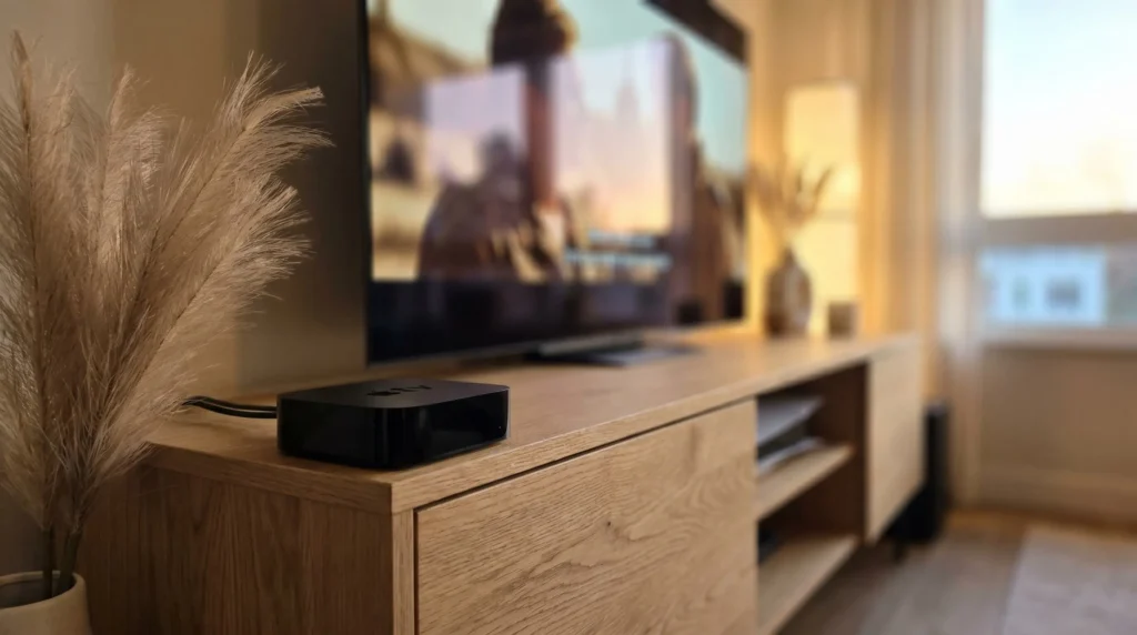 Intégration discrète de la meilleure plateforme vod 4k suisse romande sur Apple TV sans câbles visibles.