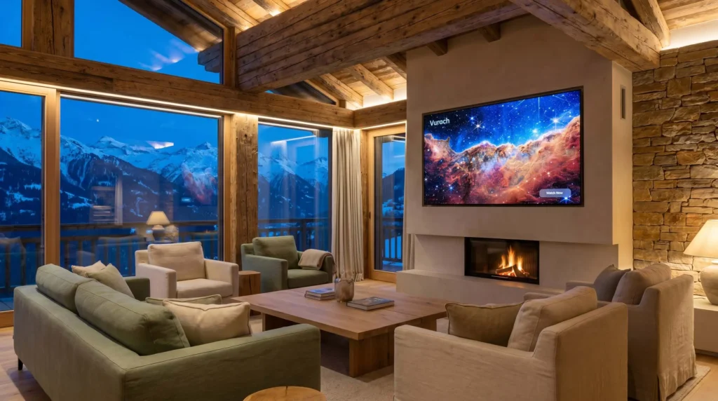 Salon de luxe suisse avec TV OLED flush pour centraliser ses abonnements streaming.