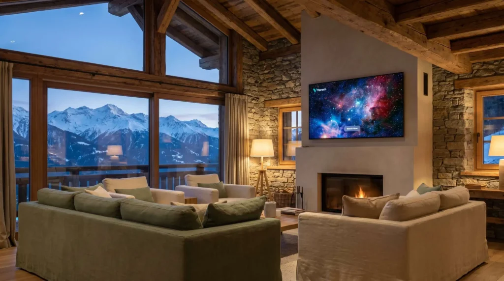 Salon de luxe suisse avec TV OLED flush pour centraliser ses abonnements streaming.