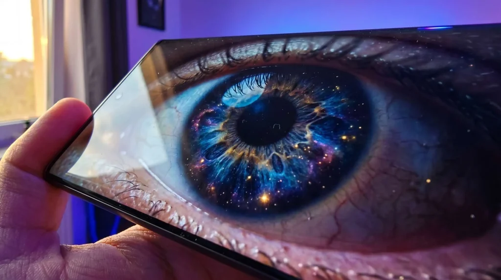 Gros plan œil humain reflétant une scène 4K HDR unifiée sur hub streaming Vurach.