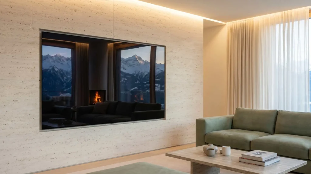 Salon minimaliste suisse avec écran OLED intégré idéal pour regrouper abonnements vod genève.