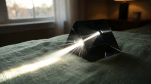 Prisme en verre unifiant des faisceaux lumineux, symbolisant l'application pour centraliser netflix prime disney.